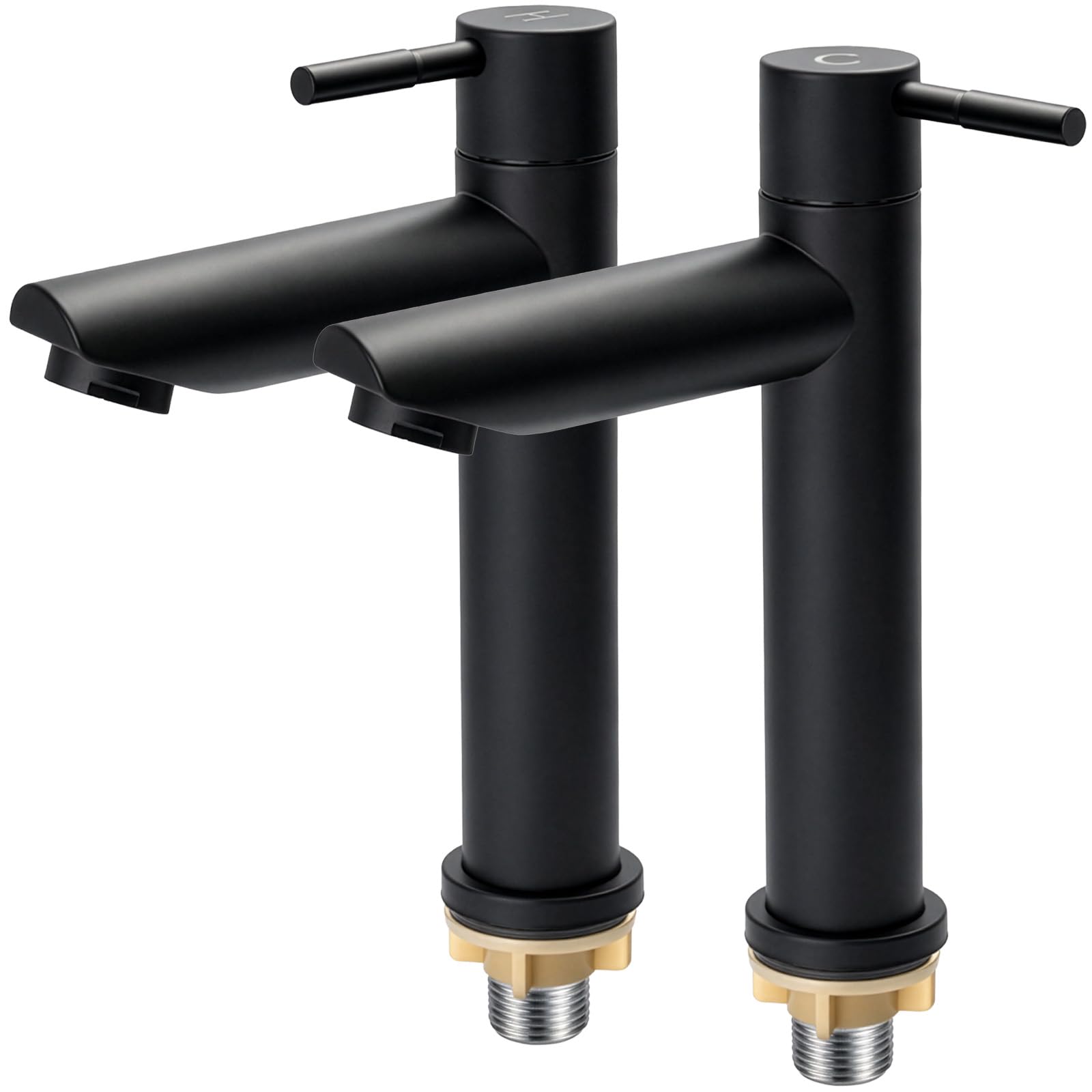 Black Basin Pillar Taps Pair, Twin Hot & Cold Bathroom Sink Taps, 1/4 Turn Modern Round Cloakroom Taps, Matte Black Stainless Steel, with Flexible Hoses