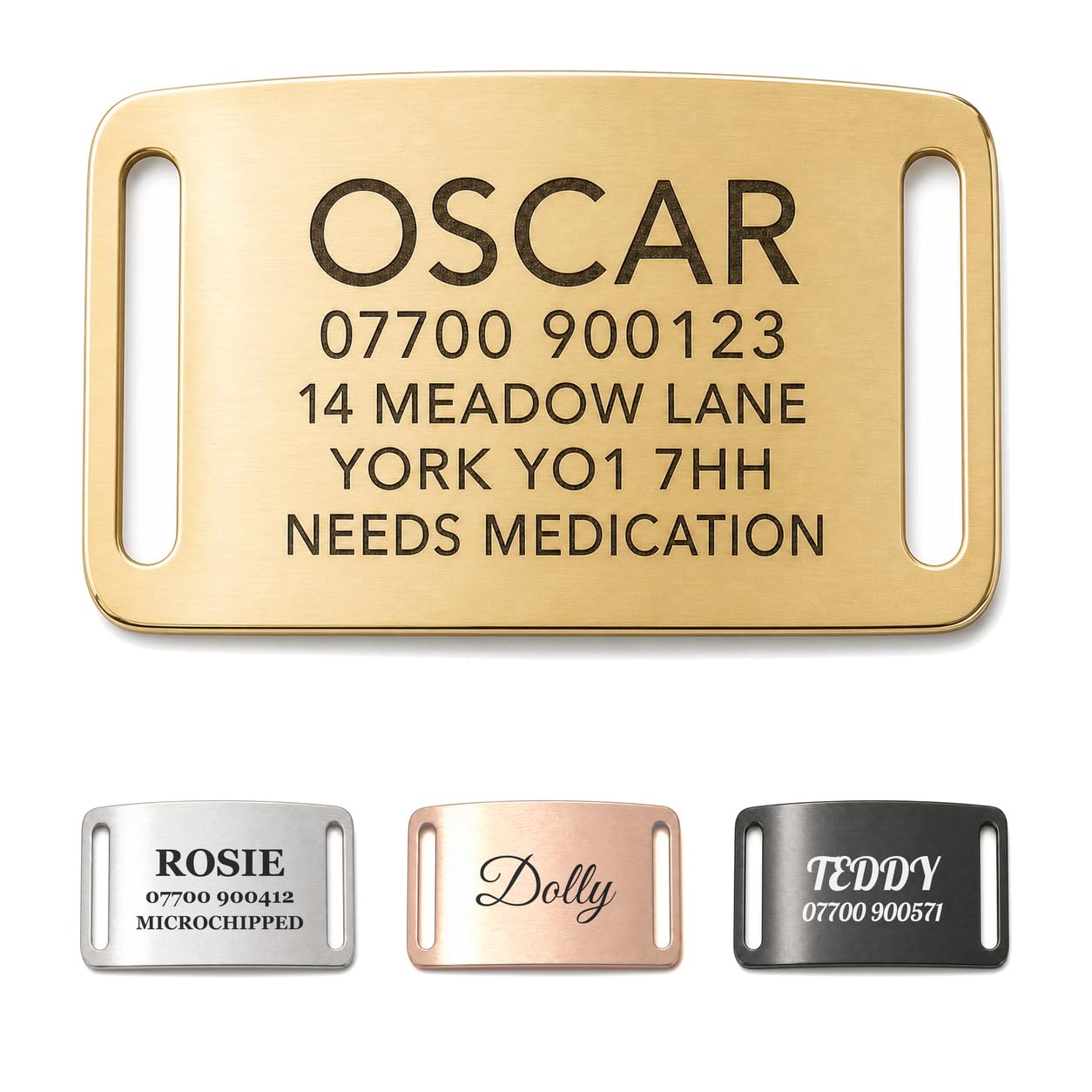 The Stately Hound Slide-On Dog Tags for Pets Engraved UK, Gold, Large