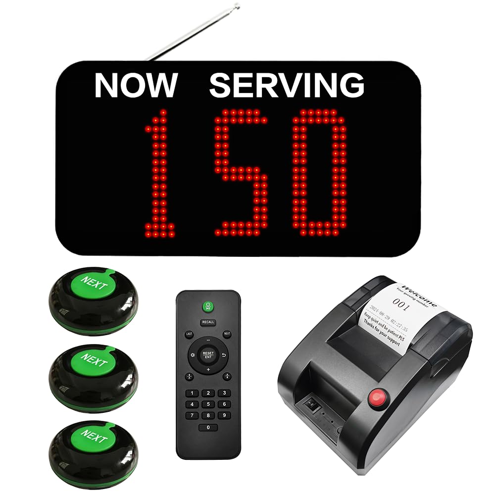 Queue Management System: 3-Digit Number Display, Queue Ticket Printer, Call Buttons & Remote Control | Waiting Areas Queue Calling | For Takeaway, Bakery, Fast Food Shop & GP Surgery