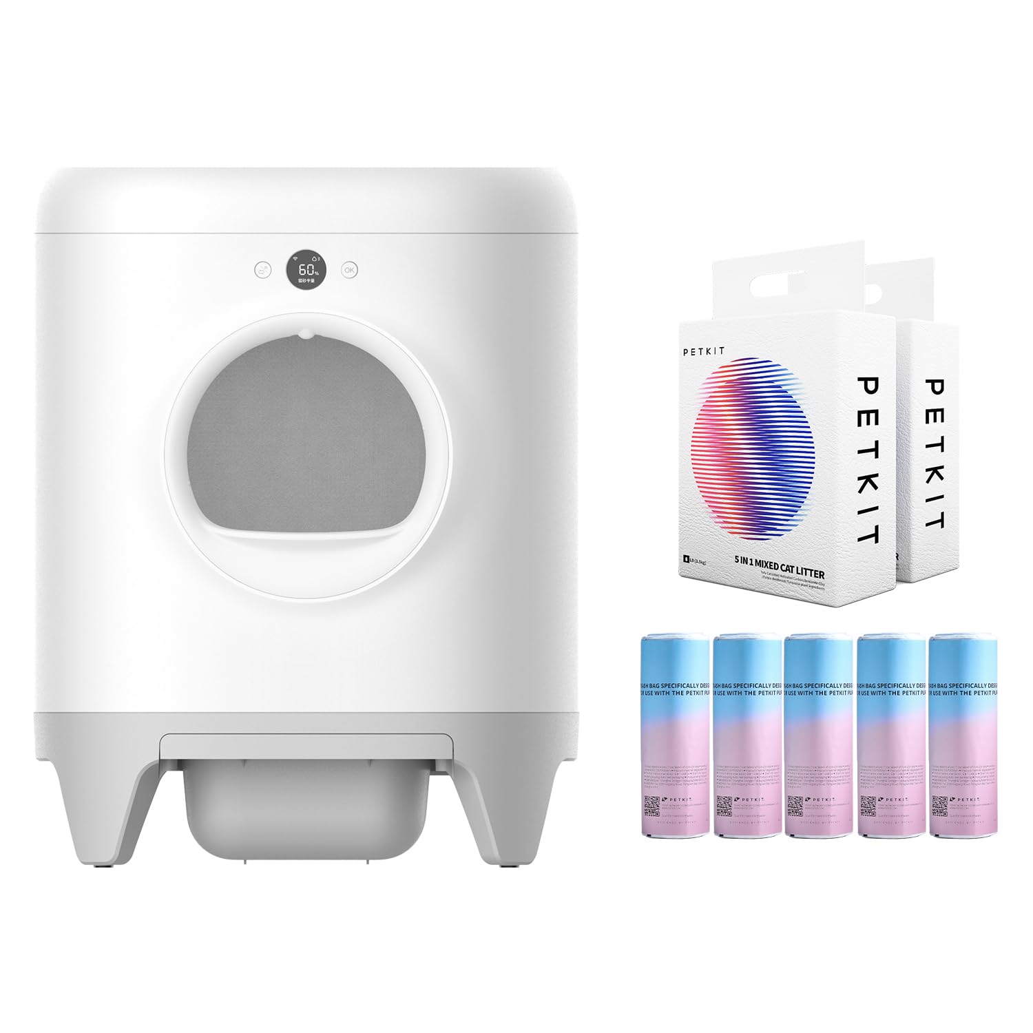 PETKIT New Purax Self-Cleaning Cat Litter Box with 2 Bags 5-in-1 Mixed Cat Litter and 5 Rolls Replacement Trash Bags