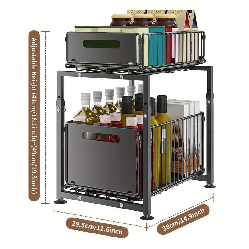 Organizer per Armadio da Cucina con Altezza Regolabile, 2 Livelli, Organizer da Cucina Estensibile, Scaffale da Cucina, Piano di Lavoro in Metallo Sotto-Lavello per Bagno, Cucina (1, Doppio