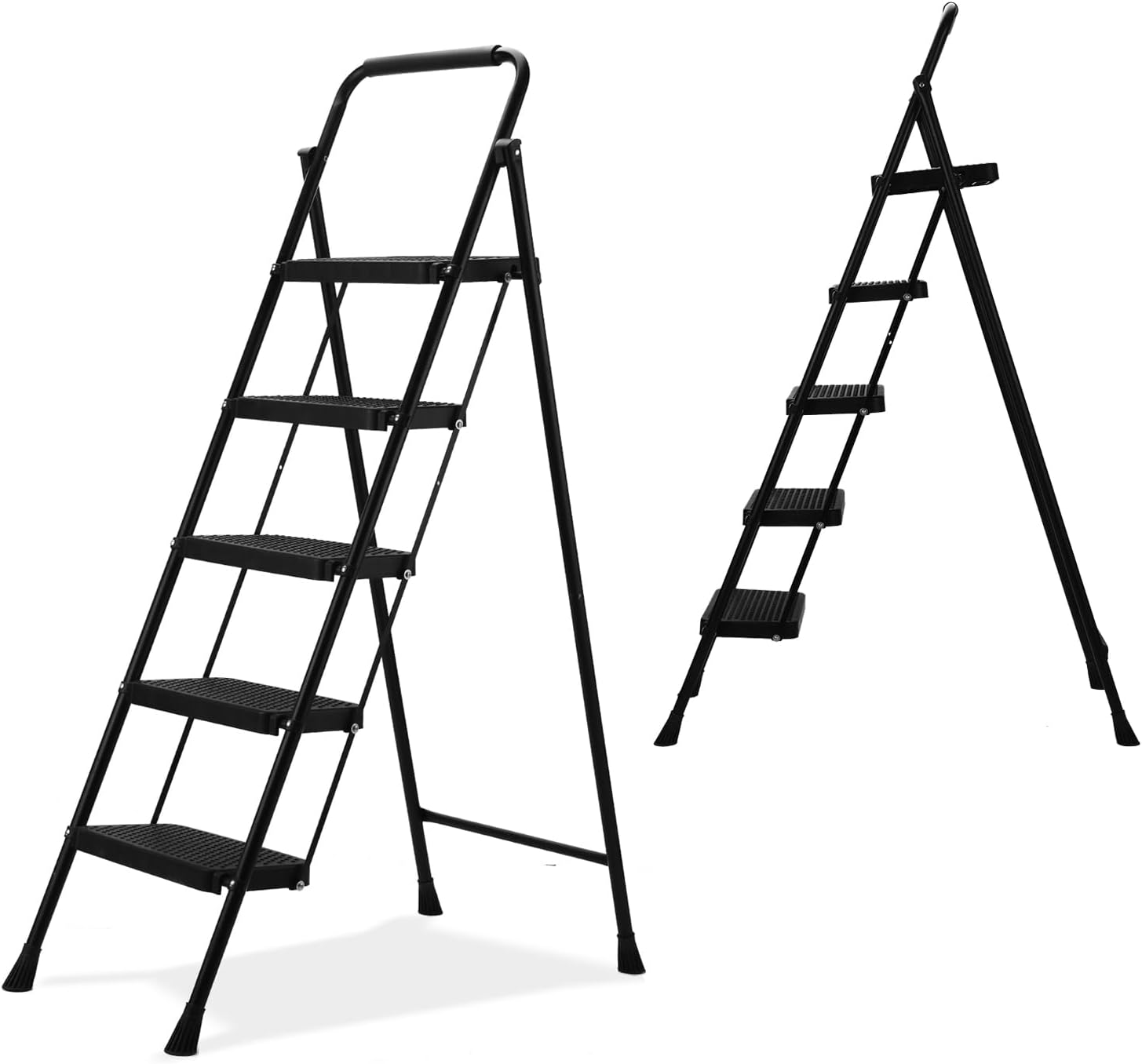 Escabeau Métallique 5 Marches Pliable Avec Plateau - Charge 150kg, Antidérapant, Pour Maison Et Bureau