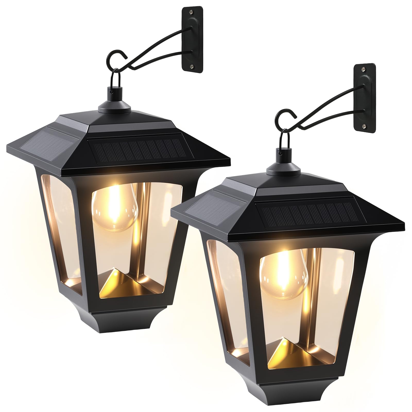 PASAMIC 2 Pack 70lm Larger Solar Lanterns, IP65 Waterproof Solar Wall Lights with Replaceable Bulbs, Automatic Dusk to Dawn Lighting for Porch, Garden, Patio, Garage, Fence