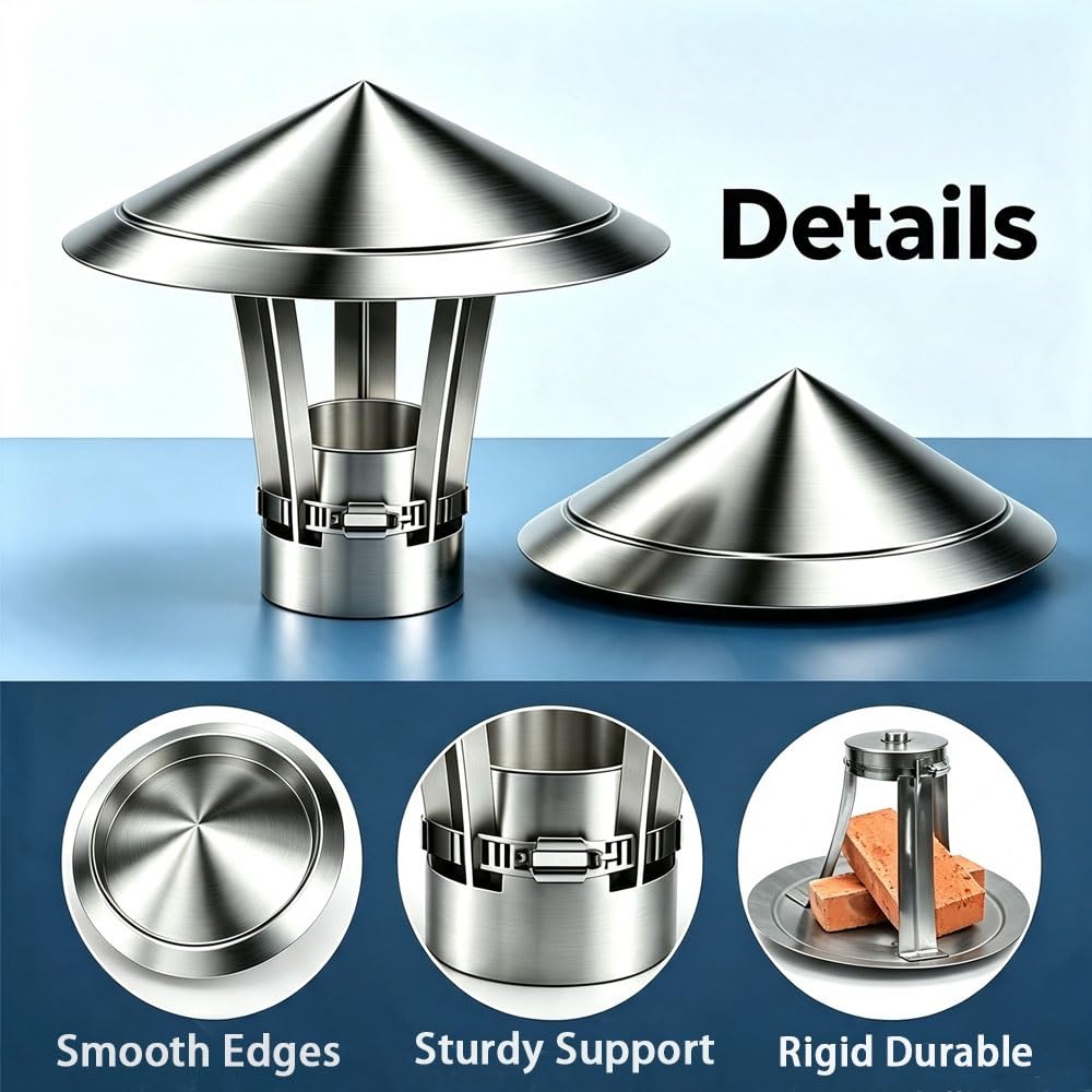 Cappello Comignolo Antipioggia In Acciaio Inox Per 50-300mm Tonda Camino | Conic Canna Fumaria Antivento Intemperie Tappo, Regolabili Comignolo Copertura di Sfiato Per Tetto de Stufa(135mm)