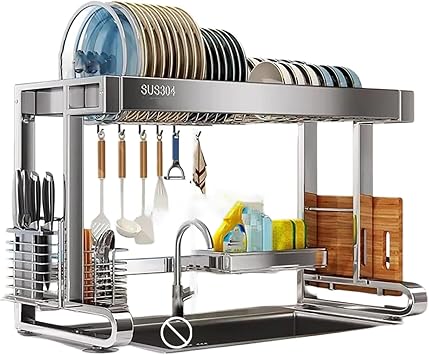 Over The Sink Dish Drying Rack - 304 Stainless Steel 2 Tier Kitchen Organizer - Dish Rack Above Sink for Double Sink - Height Adjustable Space Saver with Utensil Holder33.9x11.4x20.1in