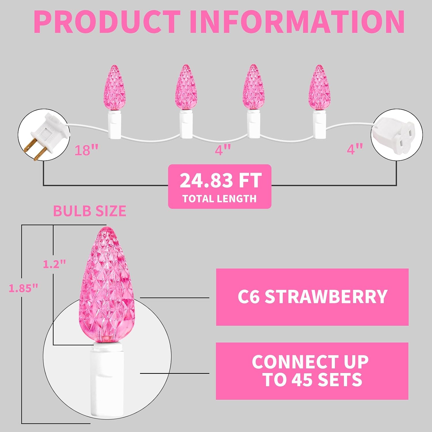 Christmas Lights 70 Count C6 LED White Wire Pink Strawberry, 24.8 Feet Length,Indoor and Outdoor, Decorations for Festival, for Valentine's Day Holidays Decoration