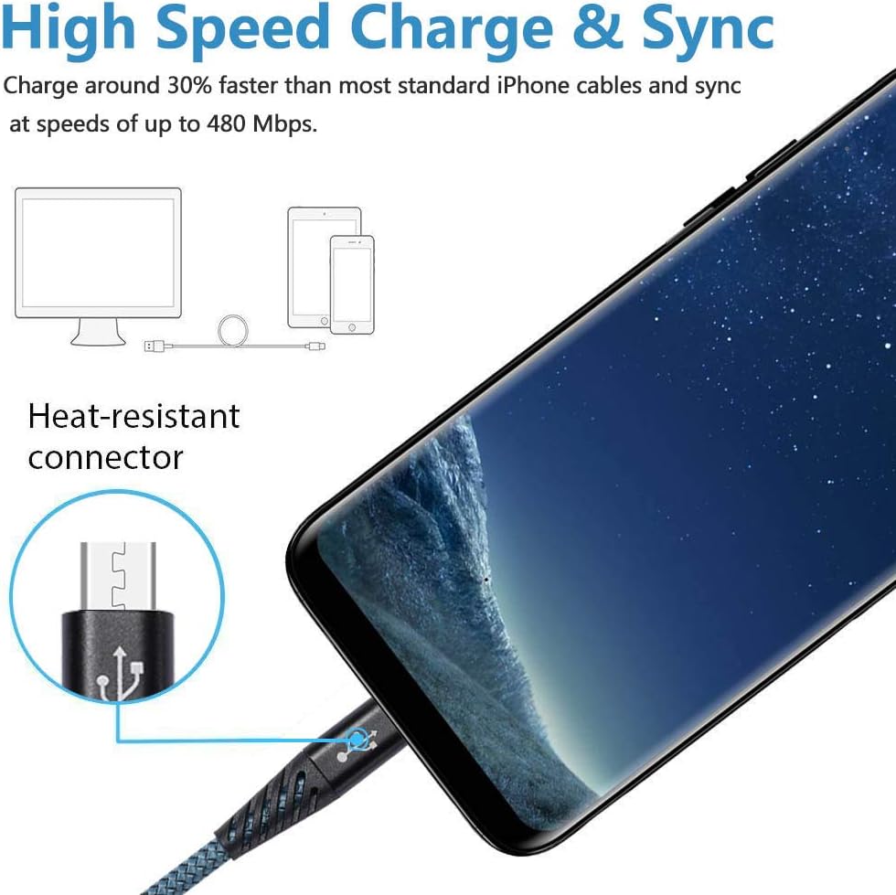 High Speed Micro USB Cable 5 Pack 10FT Android Cell Phone Charger Cables Nylon Braided Fast Charging Short Cord Compatible with Samsung S7 J7 LG HTC Motorola Kindle BlackBerry Nexus Xbox PS4 Blue