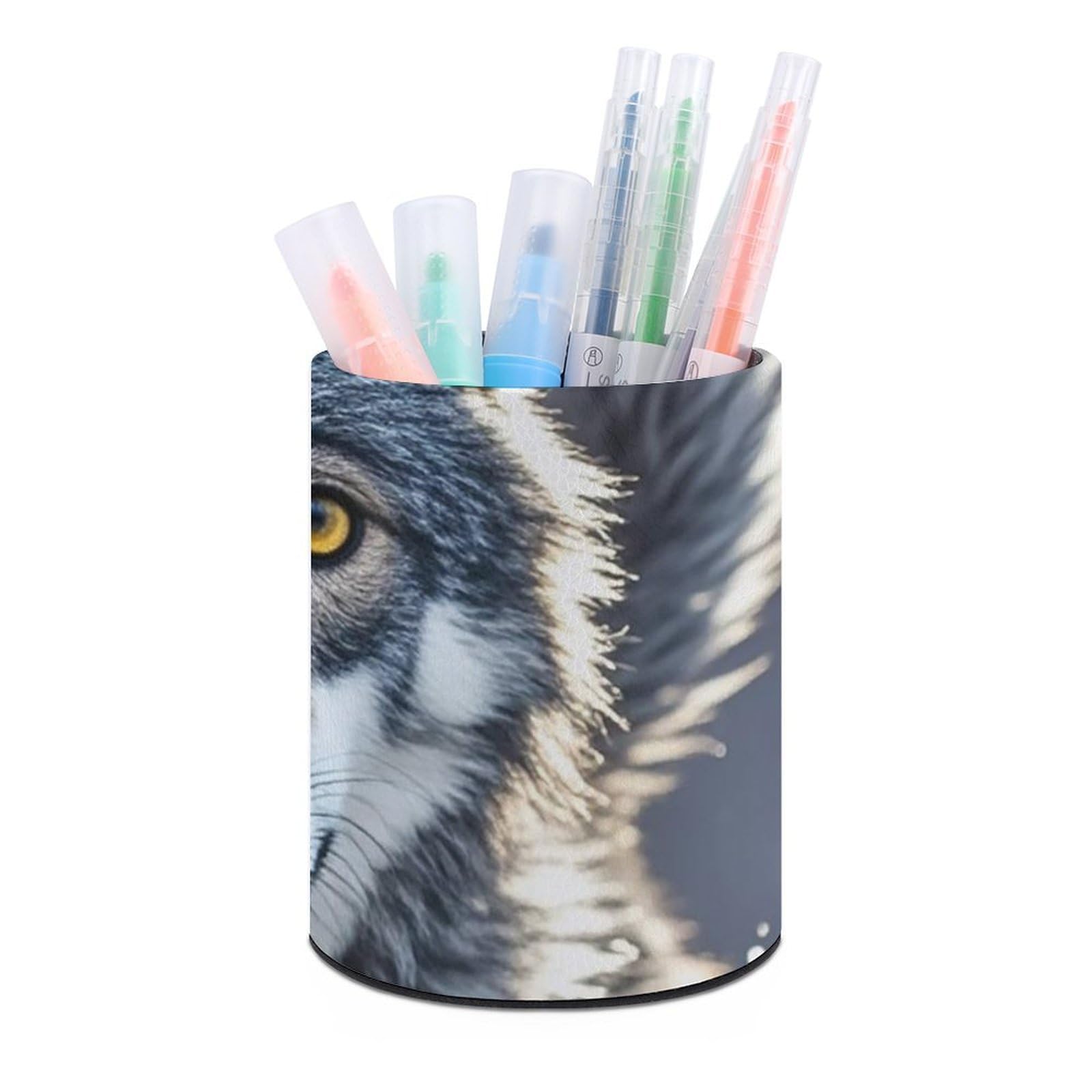 FekiLoot PU Leather Round Pen Holder Cute Wolf Pencil Holder Desk Organizer Pen Organizer Pen Cup Pencil Cup Caddy Desktop Stationery Organizers for Office Home Supplies