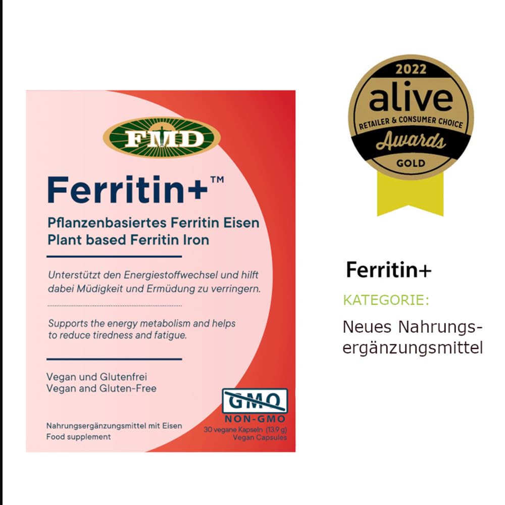 Ferritin+™ Eisen, 30 Kapseln, Sehr gut verträglich und Bioverfügbar, Pflanzenbasiert, Magensaftresistente Kapsel führt zu guter Aufnahme im Darm