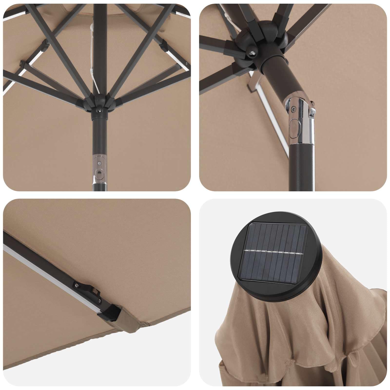 SYDE Ombrellone da giardino con luci LED e base, 230 x 230 cm | Poliestere 160 GSM, inclinazione regolabile, solare, sacco di sabbia, verniciato a polvere