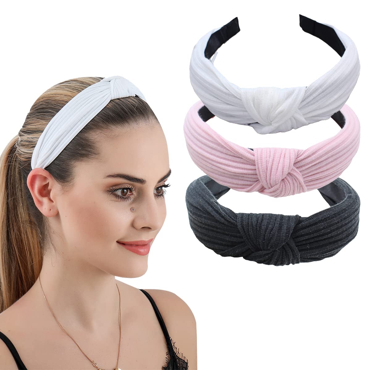 scicent Black Headband 3 Pieces Knotted Hairbands Soft Elastic Hair Band Boho Headbands for Women (White,Black,Pink) - 1807