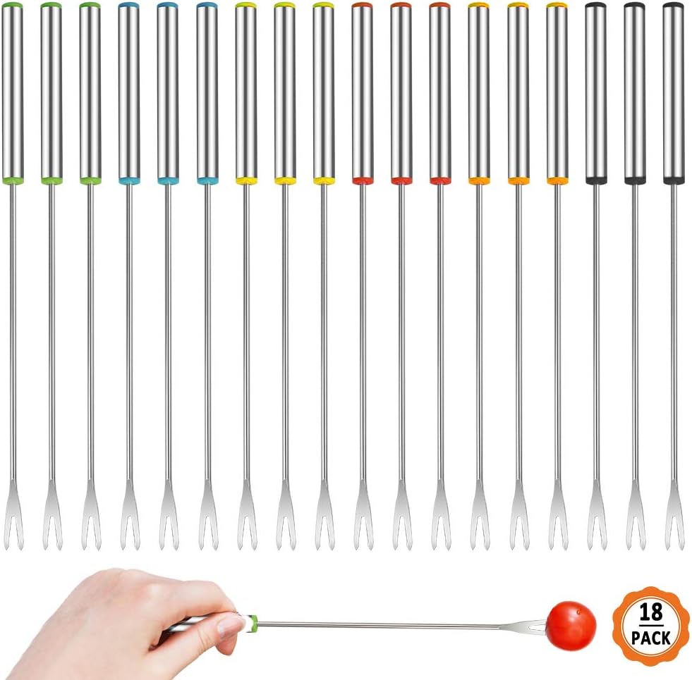 Orblue Set of 8 Fondue Forks Color Coded StainlessSteel Skewers with Natural Oak Wood Handles