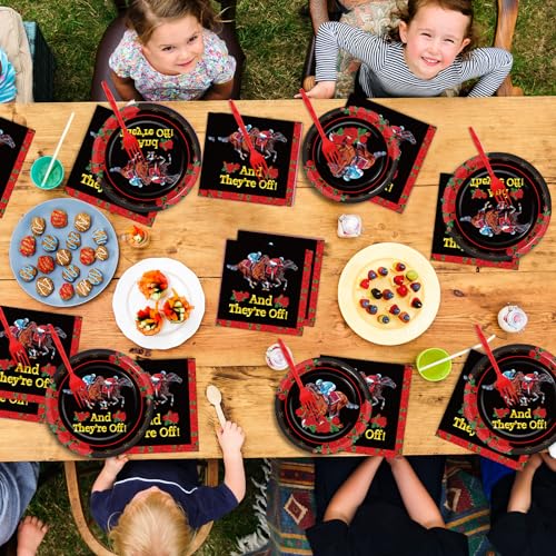 Image of Qyeahkj 100PCS Derby Day Plates and Napkins Party Supplies Horse Racing Tableware Set Kentucky Party Decorations Favor Racing Horse Roses Dinner Plates for Derby Day Celebrations Serves 25