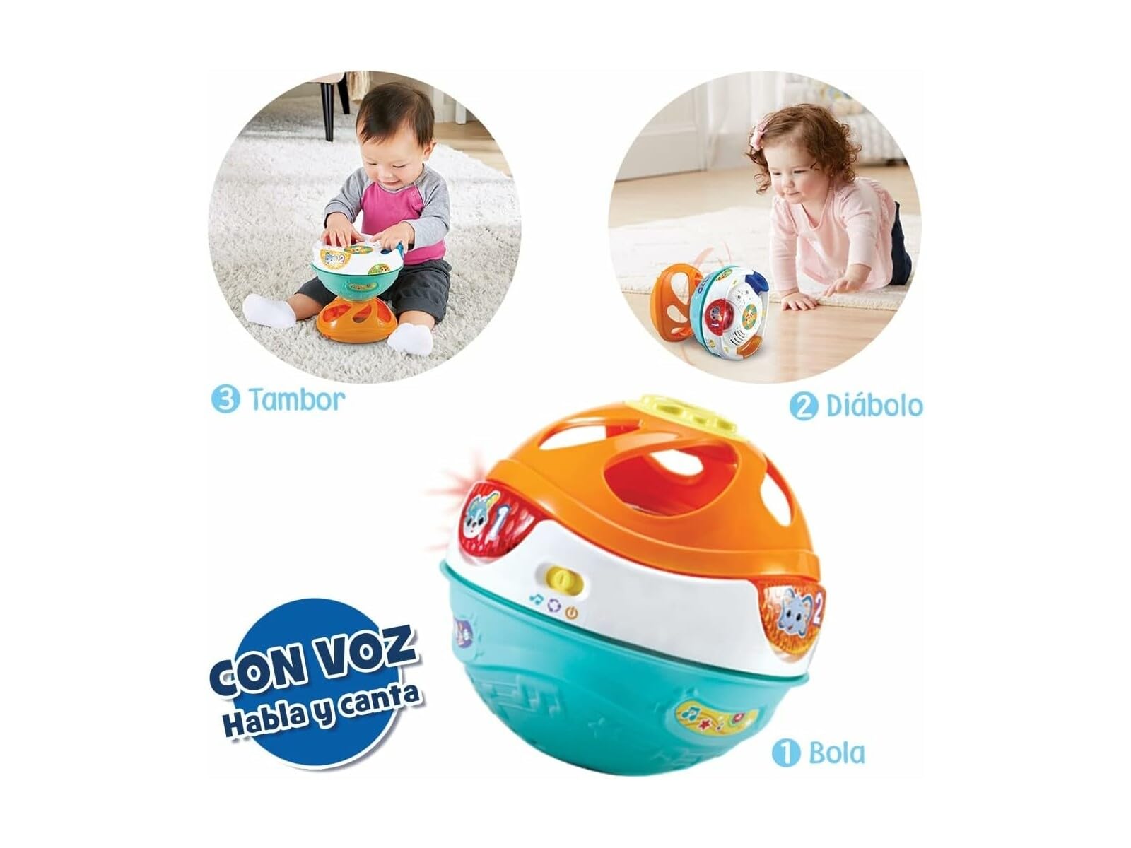 VTech - Rueda la Bola 3 en 1, Pelota interactiva para bebés +9 Meses, transformable en diábolo y Tambor, Versión ESP
