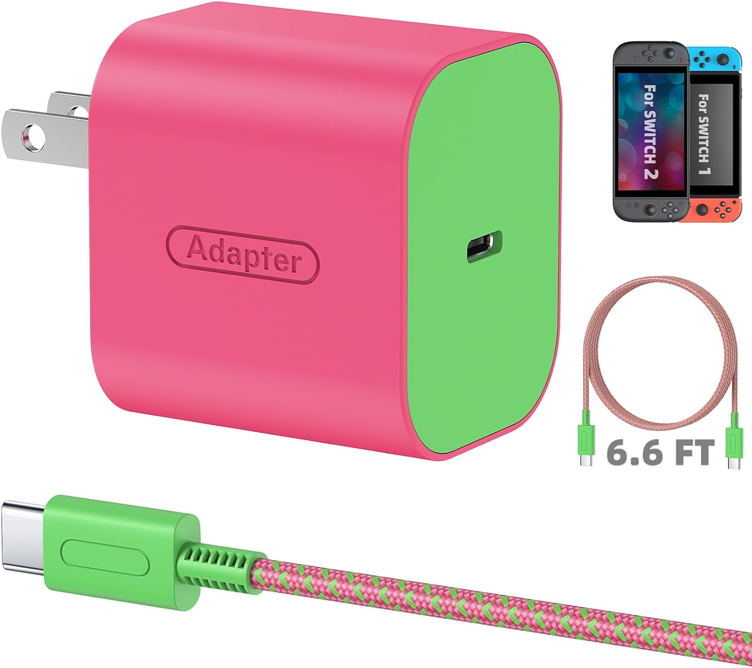 Switch 2 Charger with 6.6FT/2M USB-C Cable - 60W AC Power Adapter, Support 4K TV Dock & PD3.0 Fast Charging, Power Supply 20V/3A Charger for Nintendo Switch 2/1, Wii Charger(6.6FT - Neon Pink & Green)