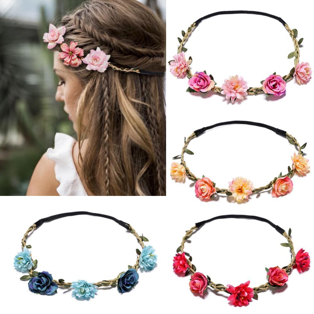 4Pcs Flower Crowns Floral Headbands Garland Adjustable Boho Bridal Bridesmaid Women Girls Teens Headpiece for Hawaiian Party Wedding Beach Festival (Red Small Daisy, M)