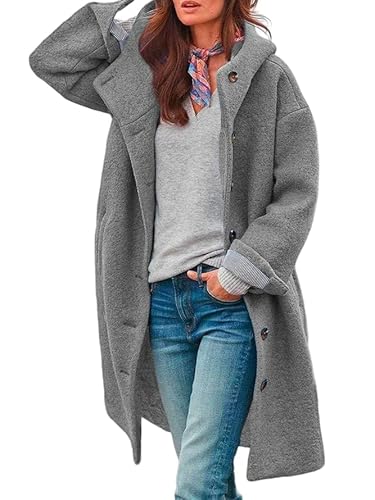 Image of Akivide Womens Winter Warm Fleece Woolen Long Hooded Jacket Oversized Button Down Casual Shearling Pea Coat with Pockets