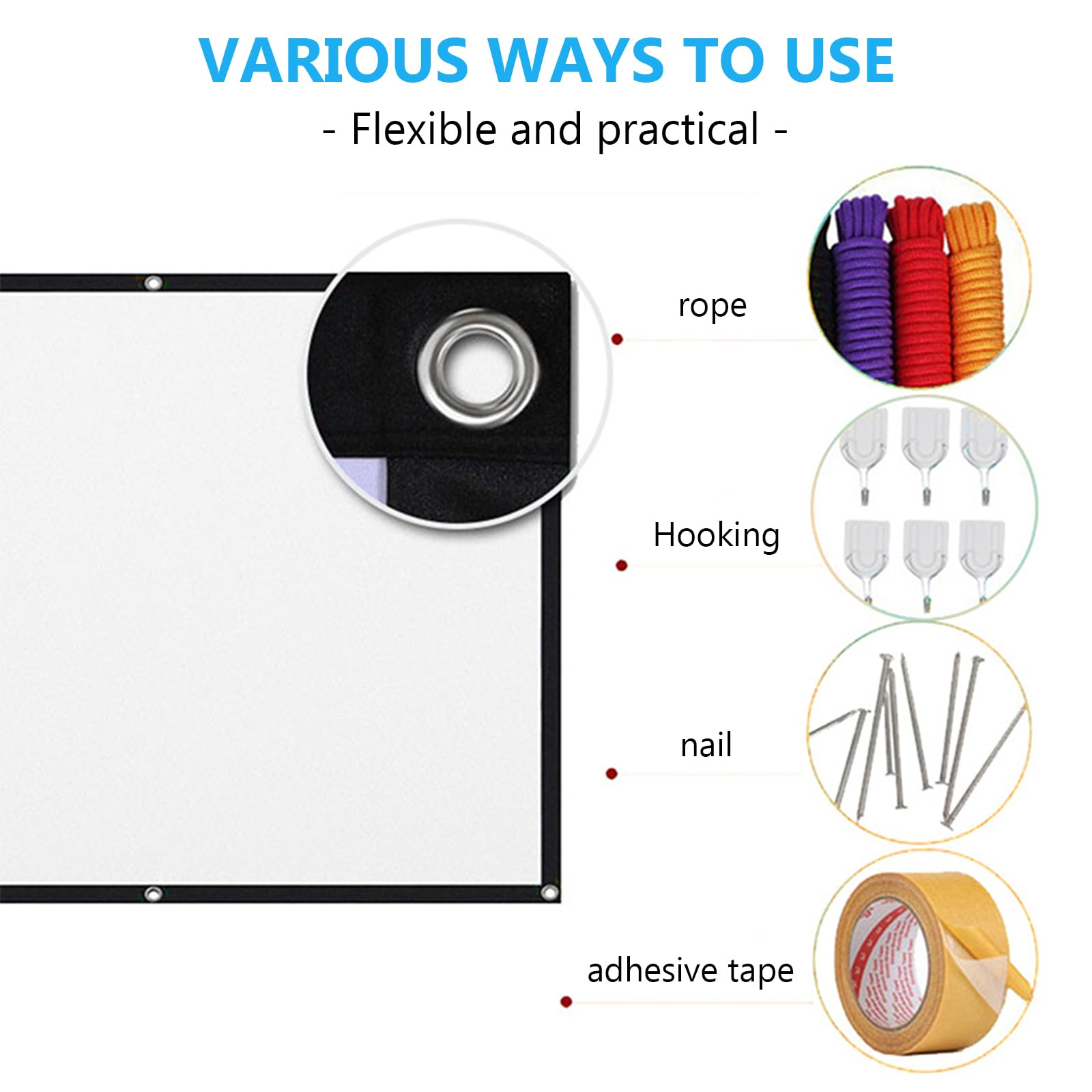 Écran de projection 120" 16:9 HD pour extérieur, toile de projection portable pliable avec crochet et corde pour la maison, l'école, les réunions, le camping, le home cinéma