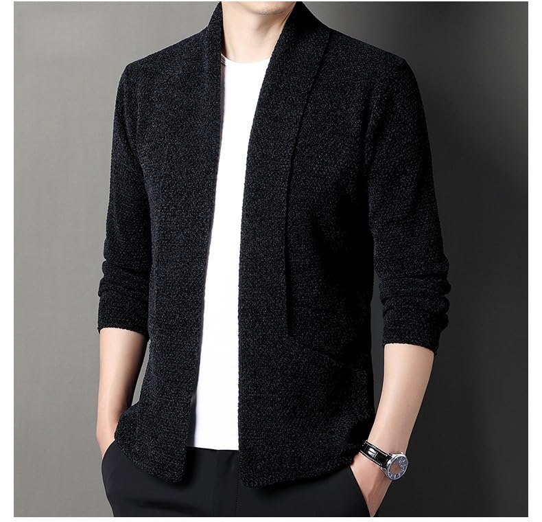 Gilets Maille Cascade Ouverts sur Le Devant pour Hommes, Veste Courte Marron en Chenille À Col Châle Et Manches Longues, avec Poches, Manteau d'hiver Chaud Et Confortable.