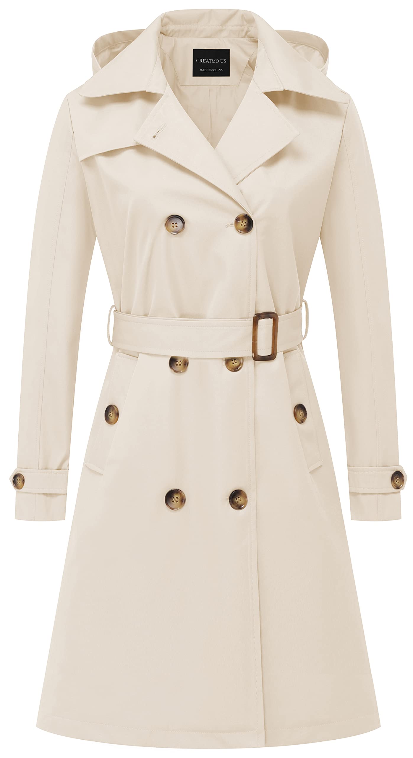 CREATMO US Womens Long Trench Coat Double-Breasted Classic Lapel Overcoat Belted Slim Outerwear Coat with Detachable Hood