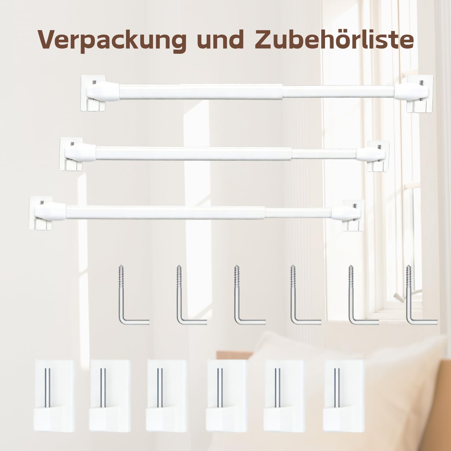 Zestaw 3 rozszerzalnych karniszy do zasłon z samoprzylepnymi haczykami do okien, kuchni, projektów majsterkowiczów, 40–70 cm, biały