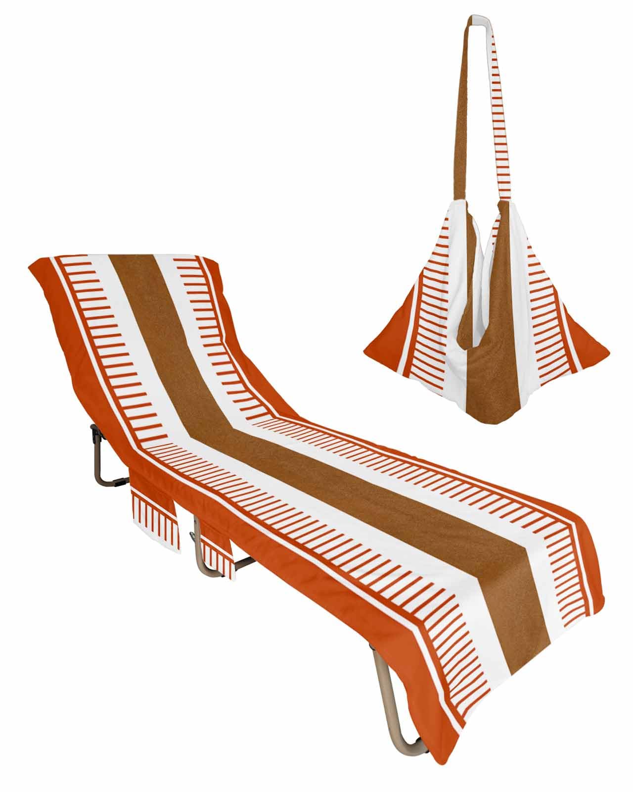 Burnt Orange Stripes Beach Chair Towel Covers for Chaise Lounge with Side Pocket, Soft Plush Pool Towels Cover for Patio Sunbathing Outdoor Farmhouse Vintage Boho Stripes Brown 29''x85''