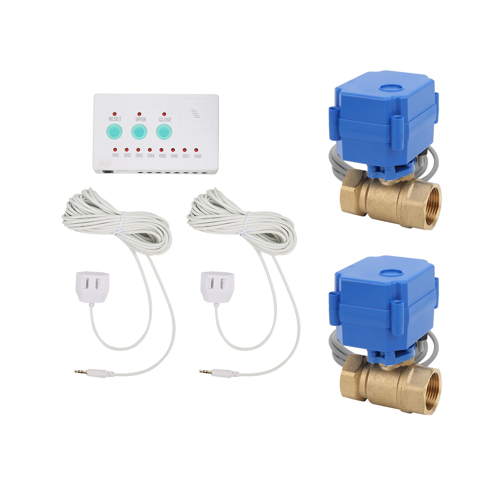 Wasserlecksensor mit Doppelventil, Smart Home, Akustischer Alarm, Schall- und Lichtalarm, Automatisches Ventilschließen, DN15, AC100-240V, IP65, 8 Sensorschnittstellen
