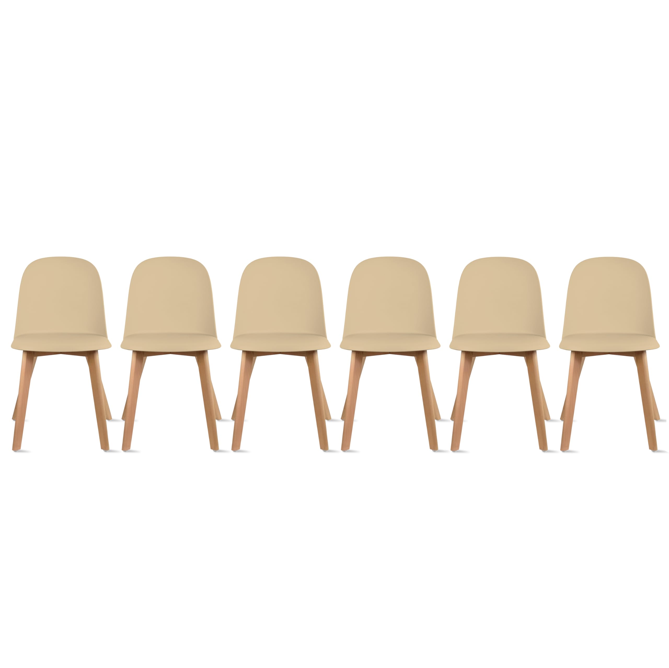Set of 6 Modern Armless Dining Chairs | Plastic Shell Seat with Wooden Legs | Indoor or Outdoor Use | Home Kitchen Patio, Beige
