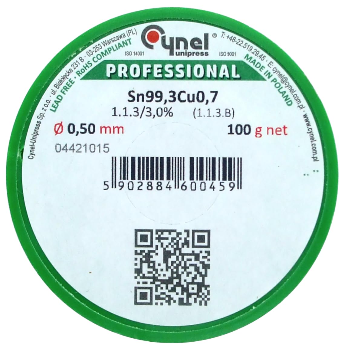 Lead Free Solder Wire, Sn99.3Cu0.7, 100g Reel (Ø 0.5 mm)