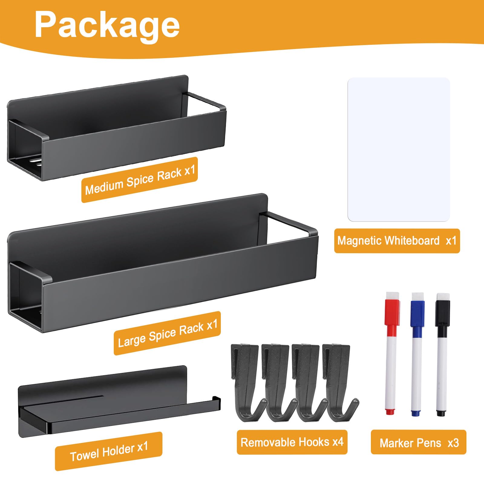 Paquete de 4 estantes magnéticos para especias para refrigerador, estante magnético de metal negro con soporte para toallas de papel, pizarra blanca, 3 marcadores, 4 ganchos, ahorro de 2