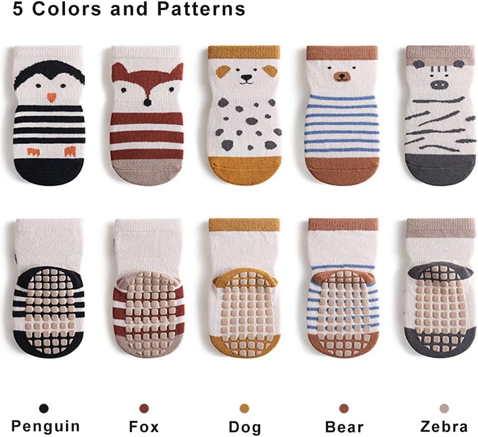 Exegawe Toddler Non Slip Socks, Cute Baby Socks with Grips Crew Socks 5 Pairs - Image 3