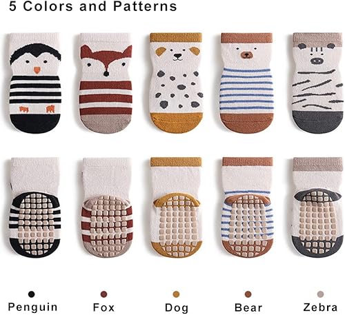 Miniatura 3 de Exegawe Calcetines antideslizantes para niños pequeños, bonitos calcetines de bebé con puños de cuello redondo, 5 pares