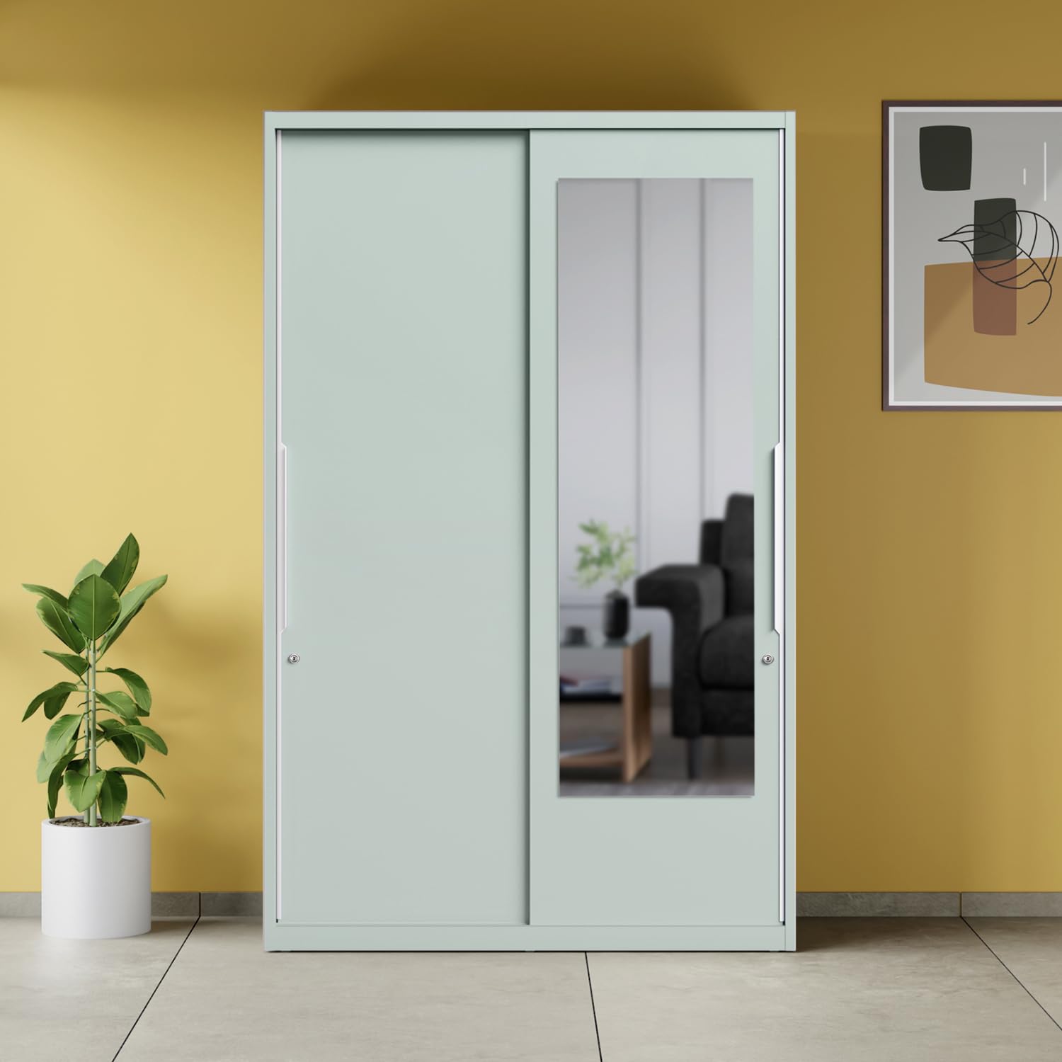 Interio by Godrej Slide N Store Pro Plus 2-Door Steel Wardrobe with Mirror (Matte Sky Gray), 1-Year Warranty, 2 Drawers-image-40