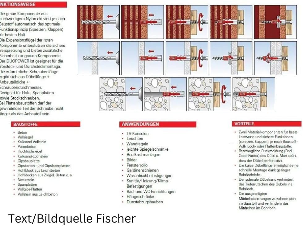 Fischer Duopower Dowels with Screws and Bit, Universal Dowels, Powerful 2K Dowels, for Mounting in Concrete Bricks, Stone - Image 3
