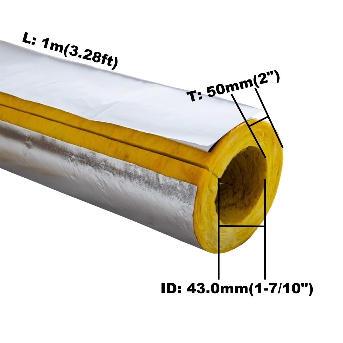 Elástico Aislamiento de Tuberías, Autoadhesivo Anticongelante Aluminum Foil Vidrio Lana de Roca Aislante Tubería para Tubo de Agua Fría Y Caliente Al Aire Libre(ID43.0mmxT50mm)