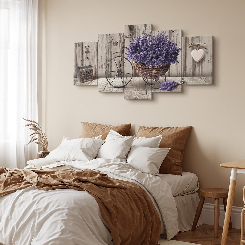 murando Cuadro en Lienzo Flores 150x75 cm 5 partes Impresión en Material no Tejido Cuadros salon modernos Grande Impresión Artística Decoracion de Pared Lavender Madera Corazon Bicicleta b-C-0644-b-m
