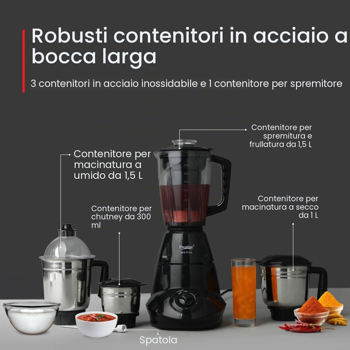 Prestige Iris 750 Watt 4 Jar Mixer Grinder | 3 barattoli multiuso in acciaio inox e 1 barattolo spremiagrumi | Nero | 750W