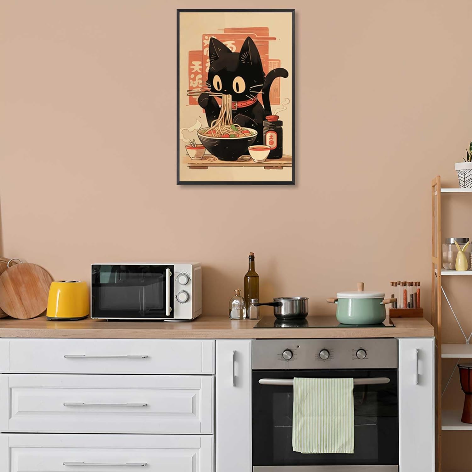 noskisy Vintage Japanese Black Cat Eat Noodle Posters Tokyo Ukiyoe Cute Cats Canvas Wall Art Period Ramen Noodles Prints Painting For Kitchen Home Bedroom Dorm Wall Decor 8x12in Framed