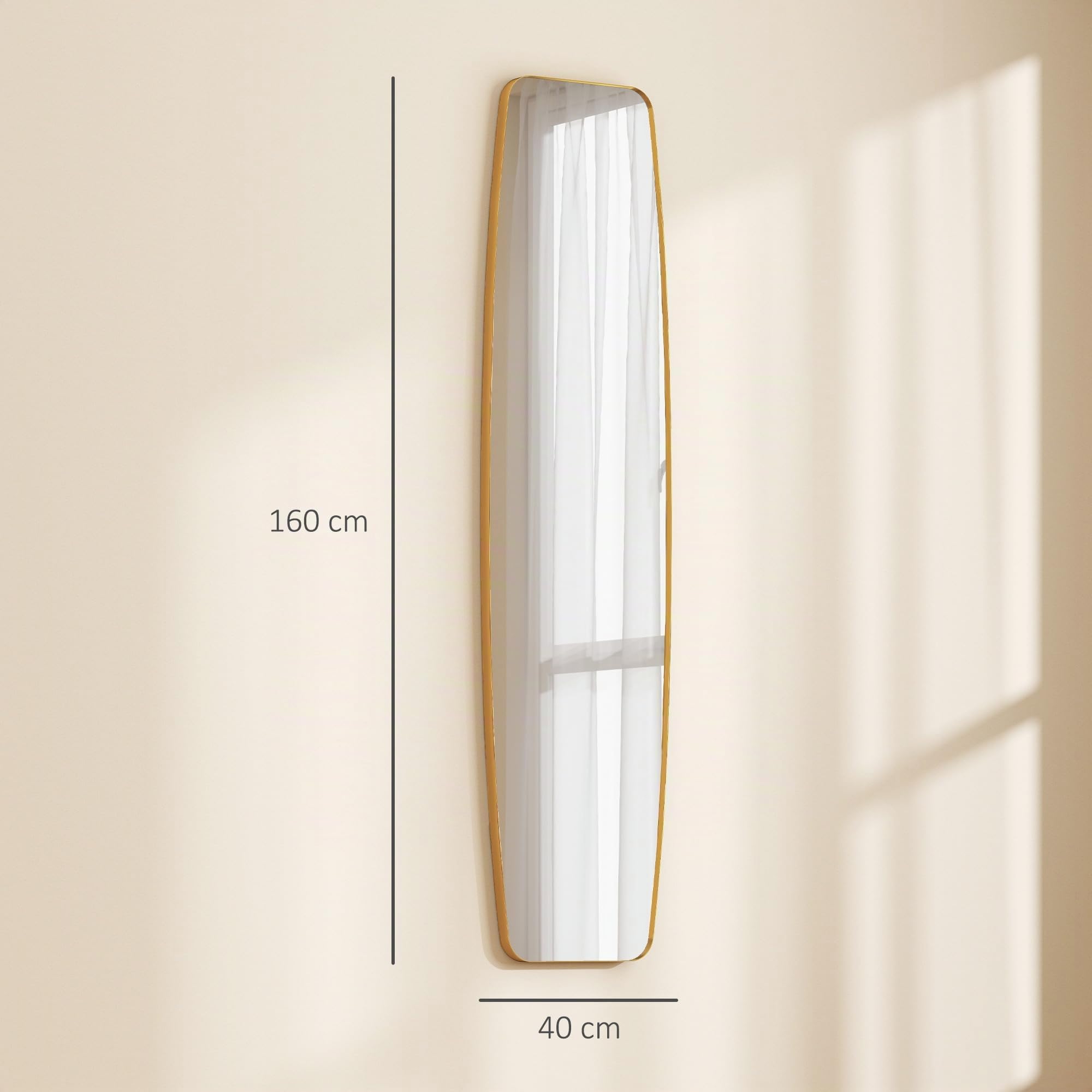HOMCOM Specchio da parete, 160 x 40 cm, con angoli arrotondati, finestra con cornice in metallo, decorazione per corridoio, camera da letto, soggiorno, oro