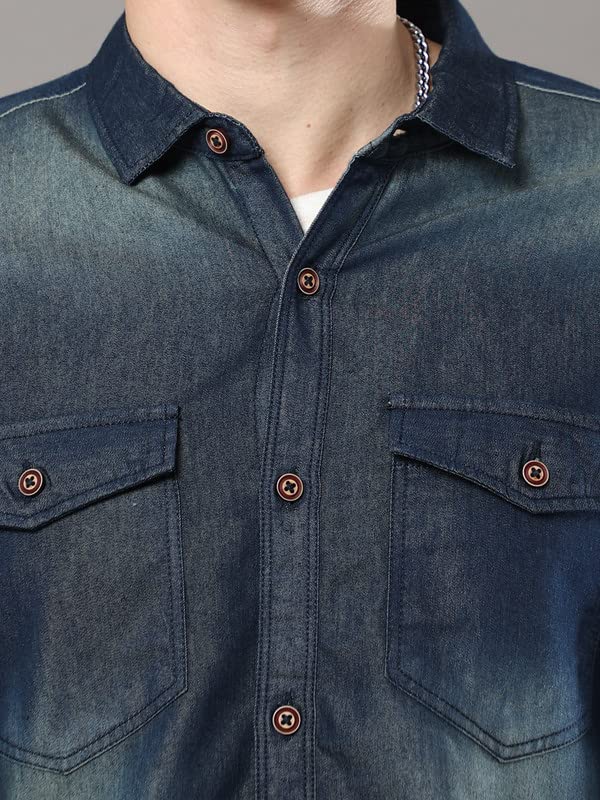 Image of STREETKING Street King Men Denim Double Pocket Casual Regular Fit Full Sleeves Shirt