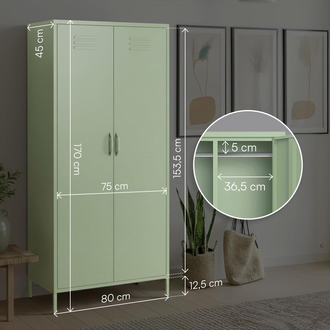 skølm Atria Kleiderschrank 80 cm, mit 6 Fächern, Mintgrün, Metallschrank