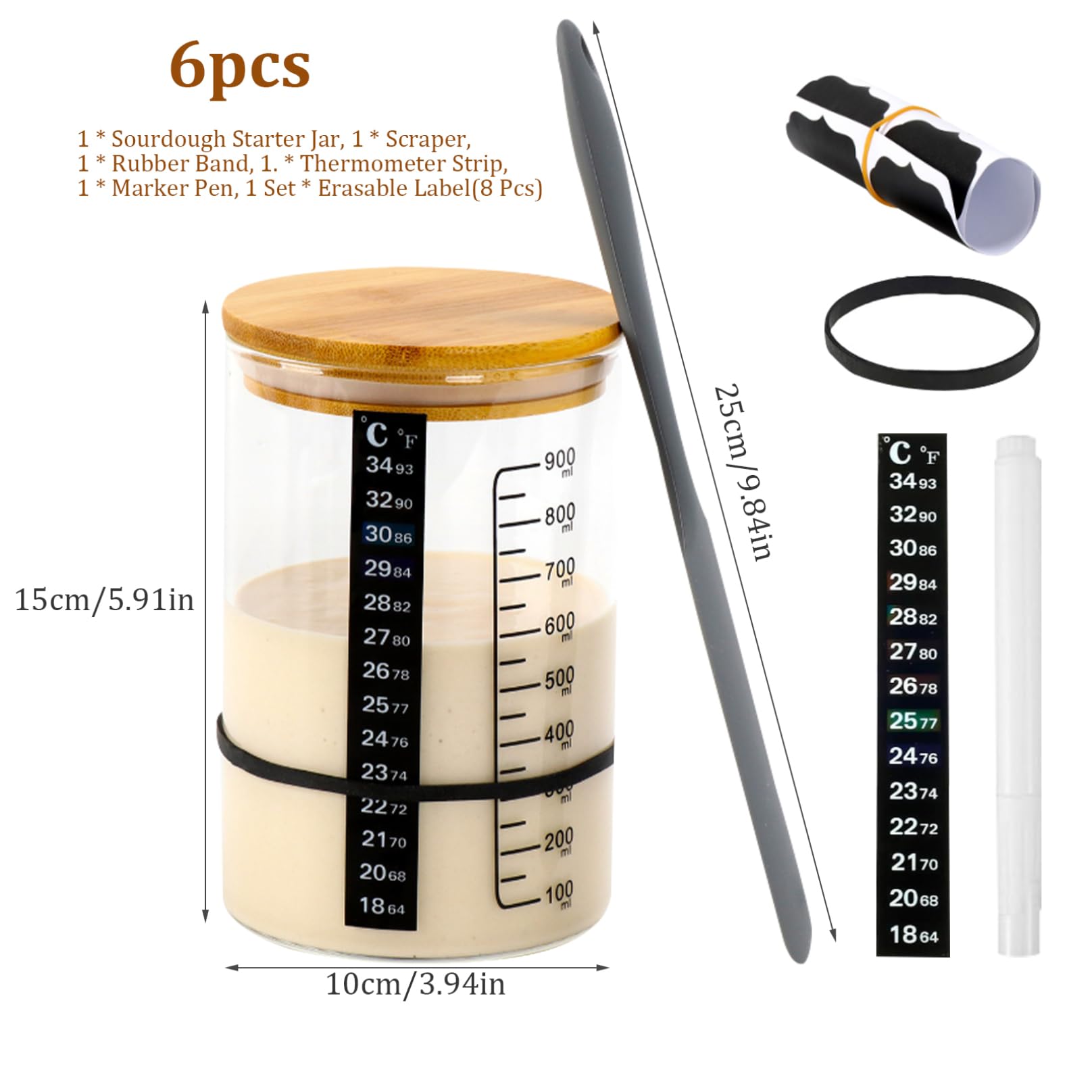 Sourdough Starter Kit, 34oz Grote Capaciteit Zuurdesem Jar Glas Met Datum Gemarkeerde Voedingsband Thermometer Schraper Container Genaaide Doek Cover Siliconen 661995610