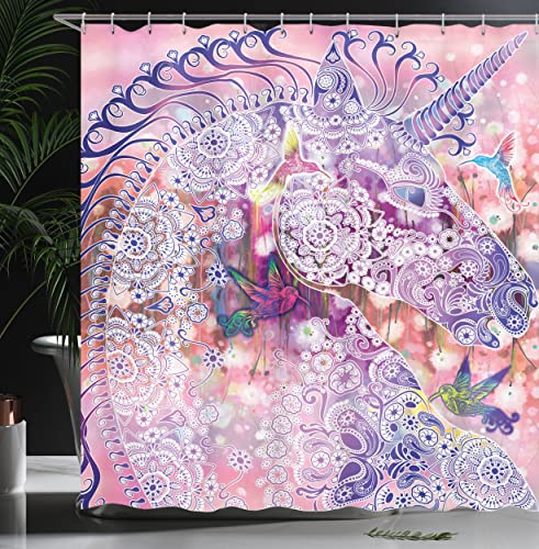 ABAKUHAUS Unicorn Shower Curtain, Fantasy Animal with Floral Ornaments and Birds on Natural Pink Background - Image 3
