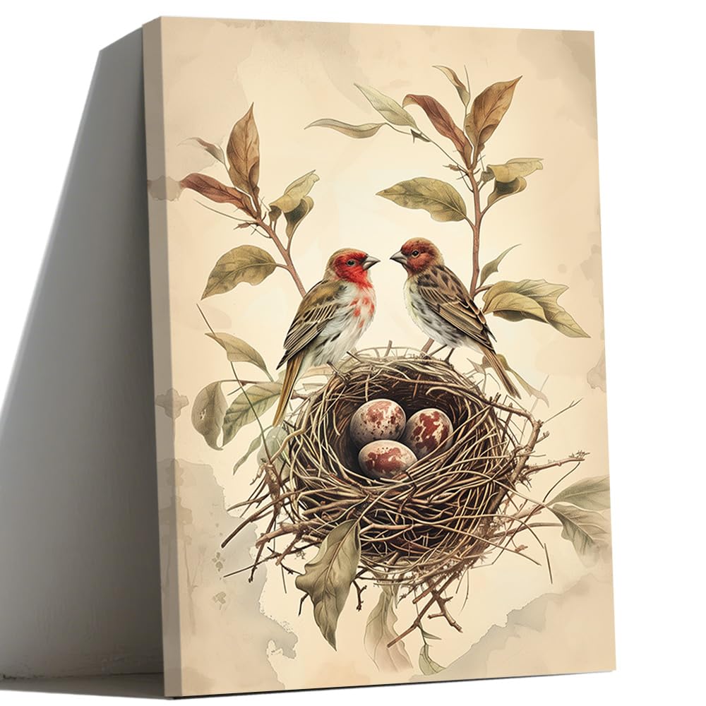 LMYSXAOZ Farmhouse Bird's Nest Flower Canvas Wall Paintings Country Birds Eggs Basket Pictures Sparrow Family Decor for Living Room Bedroom Kitchen Decoration (white,20" Wx30 L)