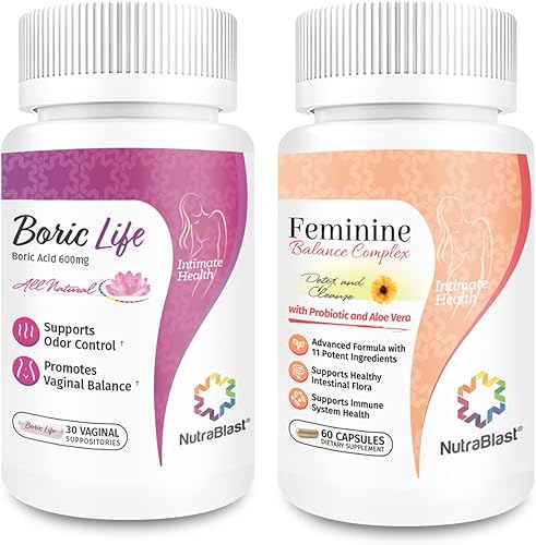 NutraBlast Supositorios vaginales de ácido bórico de 600 mg (30 unidades) con complejo de equilibrio femenino (60 cápsulas) | Desintoxicación y