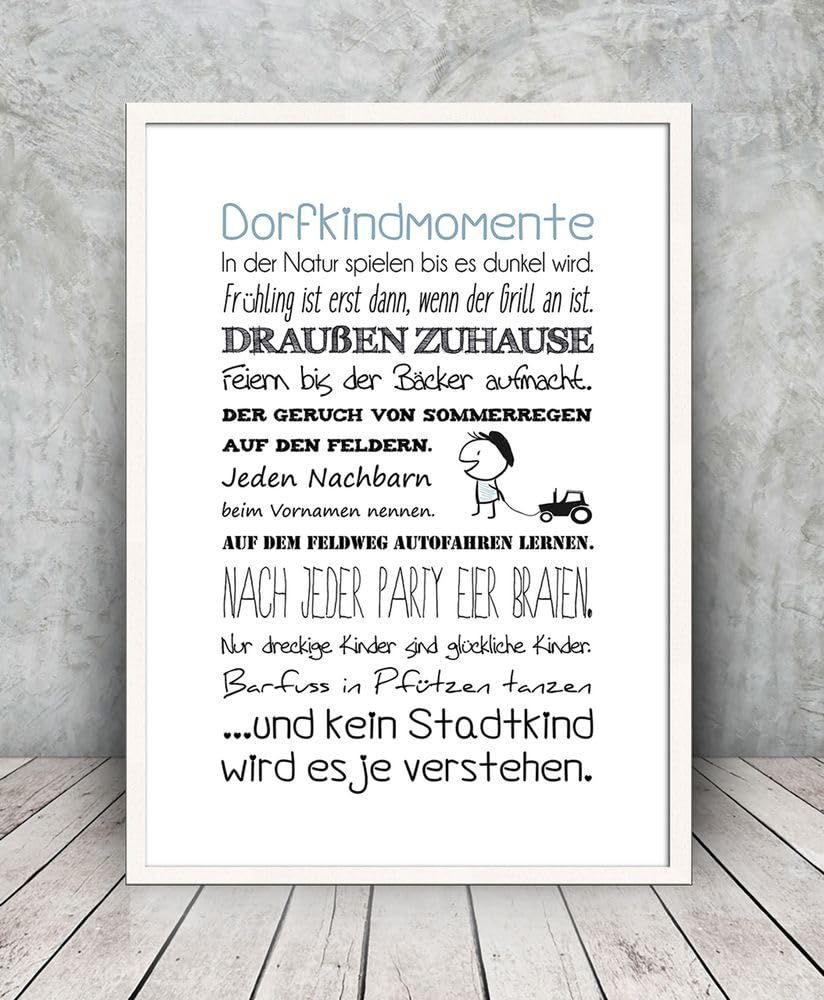 artissimo gerahmtes Poster mit Spruch 50x70 cm Dorfleben Dorfkind PE6032-ER – Bild mit Rahmen, skandinavisches Sprüchebild, Typografie Wandbild, Kunstdruck Hochformat, schawrz-weiß