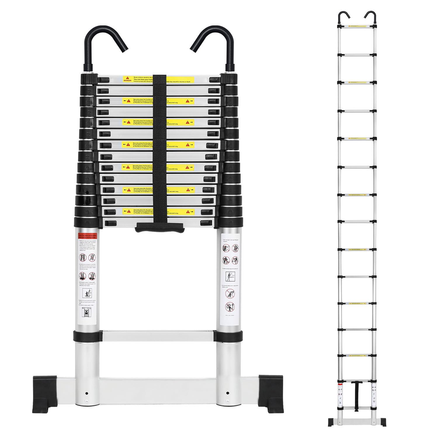4.4 m Aluminium Telescopic Ladder Extendable Ladder with Stabilizer and Detachable Hooks, Non-Slip Aluminum Ladder, Stepladder, Multi-purpose Ladder, Capacity
