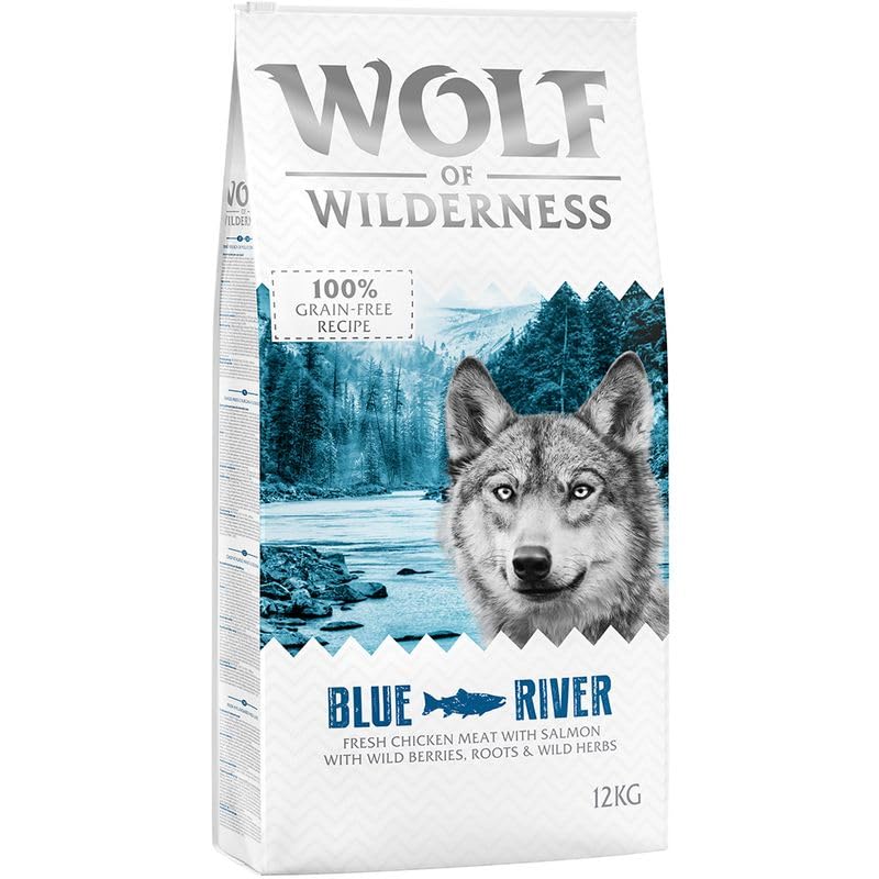 Wolf of Wilderness Adult Blue River, reich an Omega 3 Fettsäuren, enthält 61% reines Fleisch, niedriger Kohlenhydratgehalt – Lachs (2 x 12 kg)