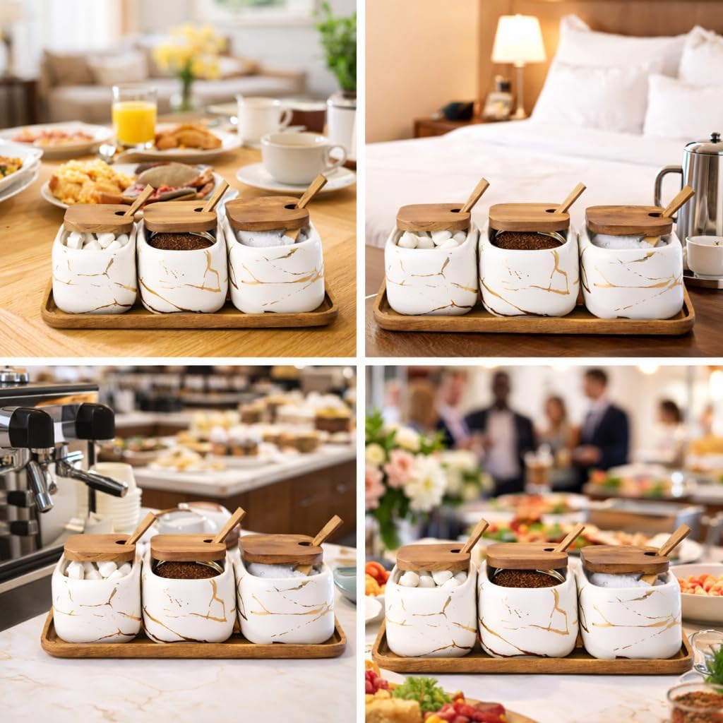 Ceramic Spice Jars Porcelain Condiment Jars Set Marble Ceramic Seasoning Box 3pcs Condiment Pots for salt, sugar, pepper Kitchen Seasoning Condiment Jar Set