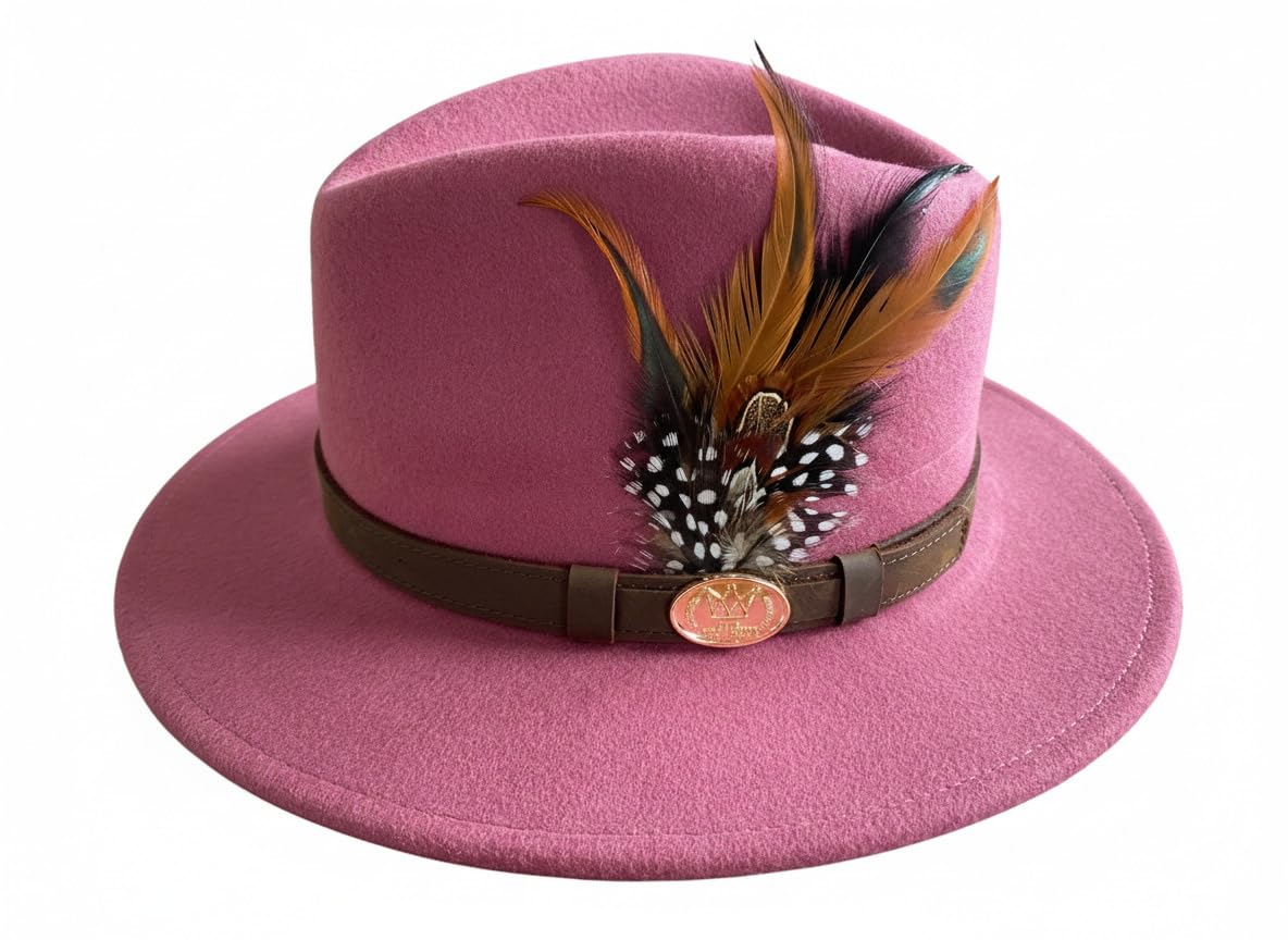 Hazy Blue Mens Ladies Fedora Wide Brim 100% Wool Blend Water Resistant Leather Band Felt Hat Pheasant Feather (UK, Alpha, M, Berry)